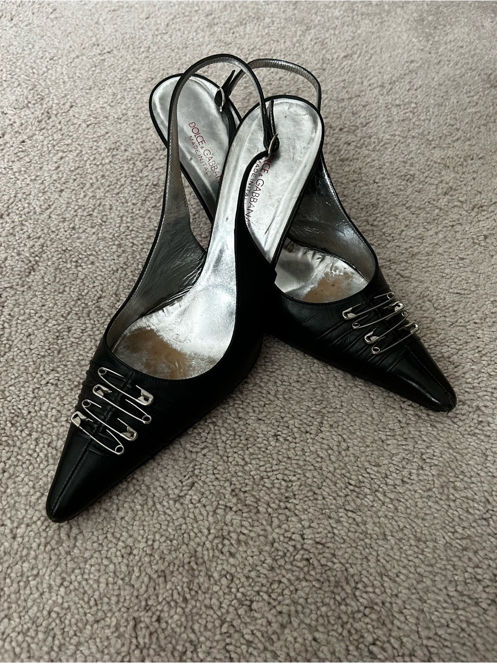 S/S 2001 Dolce & Gabbana Safety Pin Black Ruched Leather 4” Heels.